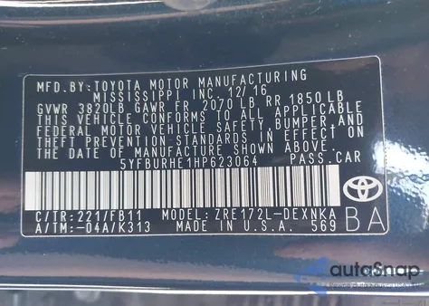 2017 Toyota Corolla Le из США, поврежденный, VIN 5YFBURHE1HP623064